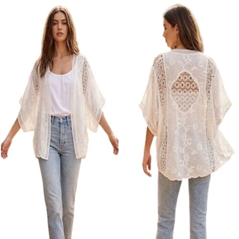 Vince Camuto White Cotton Crochet Lace Kimono Cardigan Wrap‎ OS